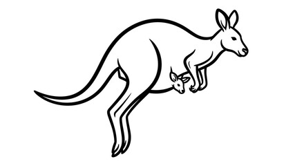 Loving Mother Kangaroo with Joey in Pouch, Hopping, Isolated White Background, Line Art.