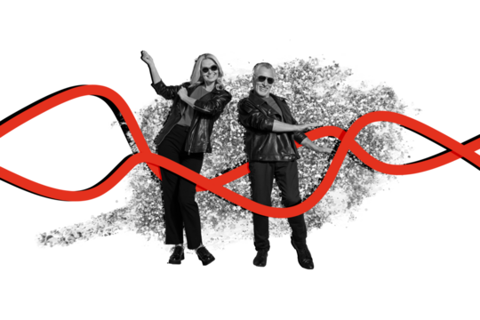 Composite trend artwork sketch photo collage of monochrome couple aged couple woman man dance party moving fashion style eyewear clothes