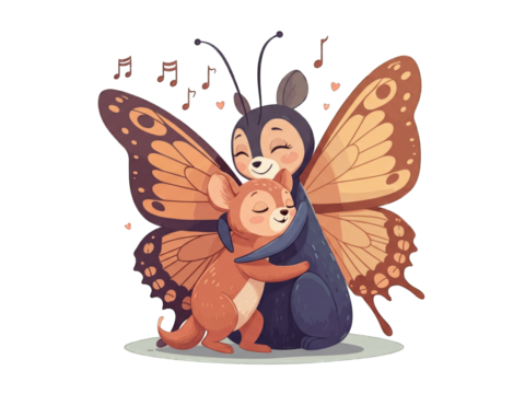A heartwarming cartoon of a friendly butterfly hugging a cute furry animal with love and music notes.