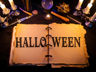 Mystical Halloween Cave Scene with Glowing Cauldron and Floating Runes