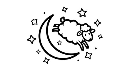 Cute Sheep Jumping Over Crescent Moon and Stars on an isolated white background, Whimsical Night Sky Dream Scene