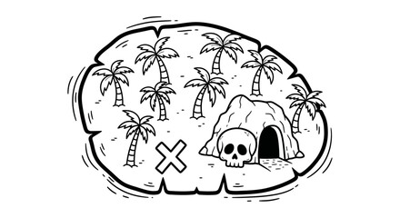 Mysterious Treasure Island Map with Palm Trees and Skull Cave on an isolated white background, Pirate Adventure Map with X Mark