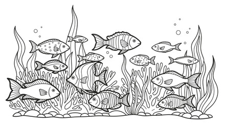 Vibrant Underwater Ocean Scene with Swimming Fish and Seaweed on an isolated white background, Diverse Marine Life in Aquatic Environment