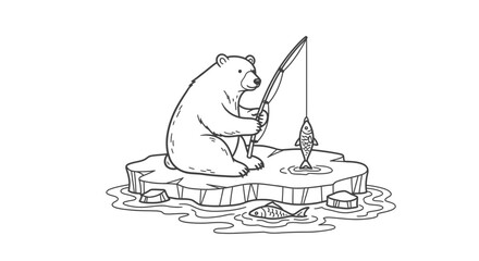 Adorable Polar Bear Fishing on Ice Floe in Arctic Waters, Black and White Coloring Page, Isolated White Background © shankara