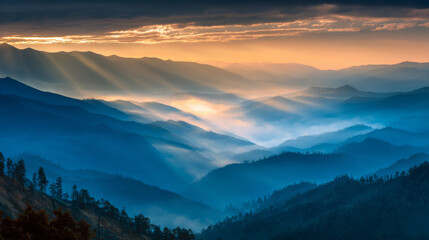 Breathtaking aerial view of a layered mountain range at sunrise, showcasing autumn colors and misty fog, captured in golden hour light.