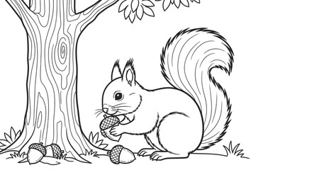 Cute squirrel happily eating an acorn by a tree in a peaceful forest, black and white outline, isolated white background.