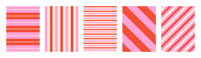 Fototapeta premium Set of of striped vertical backgrounds. Colorful straight and diagonal stripes for cards, posters, covers, banners or branding. Pink, beige and red color. Vector illustration