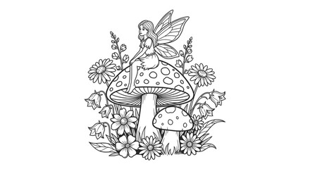 Charming Fairy Sitting on a Mushroom Surrounded by Flowers and Plants in a Magical Forest, Whimsical and Dreamy.