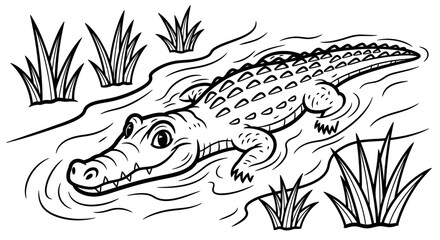 Wild Alligator Swimming in a Swamp with Reeds and Water Plants, A Dangerous Reptile in its Natural Habitat, Isolated White Background