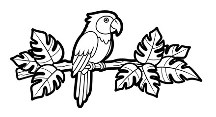 Colorful Parrot Perched on a Tropical Branch with Leaves, Exotic Bird in a Jungle Setting, Isolated White Background