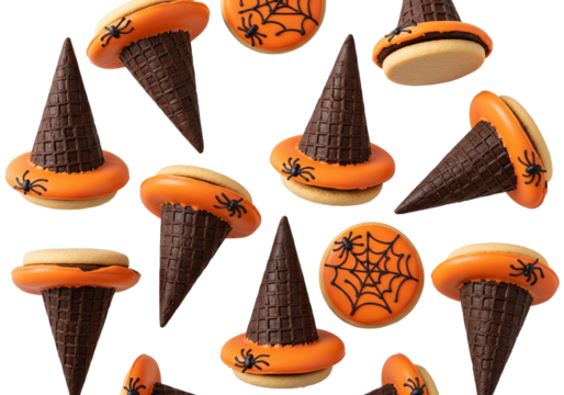 Delicious Halloween Witch Hat and Spiderweb Cookies Pattern on White Background