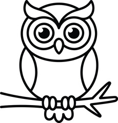 Cute Cartoon Owl Illustration on a Branch Black and White Vector
