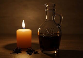 Candle, glass decanter with dark liquid star-anise