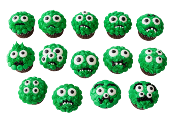 Whimsical Green Monster Cupcakes Collection: Funny, Googly-Eyed Creature Treats with Varied Expressions, Perfect for Halloween Parties or Germ-Themed Events on White