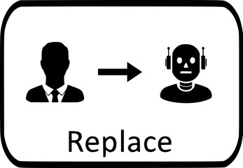 The concept of automation-related layoffs. The "Replace" button with human and robot icons symbolizes the replacement of employees by artificial intelligence, technological progress, and job loss.