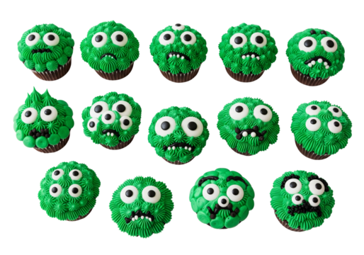 Whimsical Green Monster Cupcakes Collection: Funny, Googly-Eyed Creature Treats with Varied Expressions, Perfect for Halloween Parties or Germ-Themed Events on White