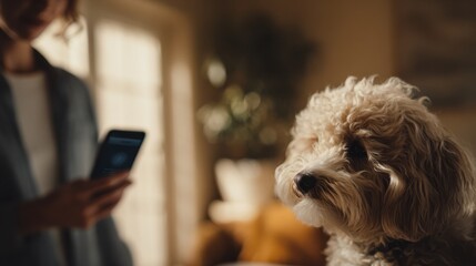 Medium shot featuring a pet owner receiving notifications on a smartphone the phone screen clear in focus with a softly blurred home interior emphasizing realtime AI alerts.