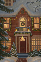 Snowy Christmas House with Wreath and Lights — Watercolor Illustration