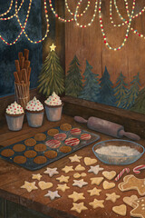Christmas Cookies and Cupcakes on Wooden Table — Watercolor Illustration