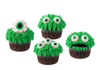 Fun Halloween Monster Cupcakes with Green Frosting and Eyeballs on White Background