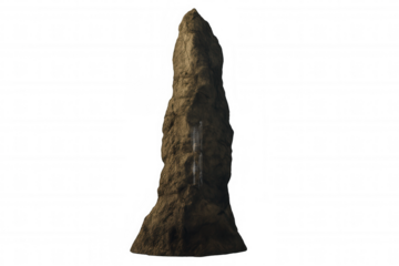 Isolated rock formation with textured surface standing vertically on a transparent background