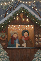 Christmas Market Stall with Lights and Friends — Watercolor Illustration