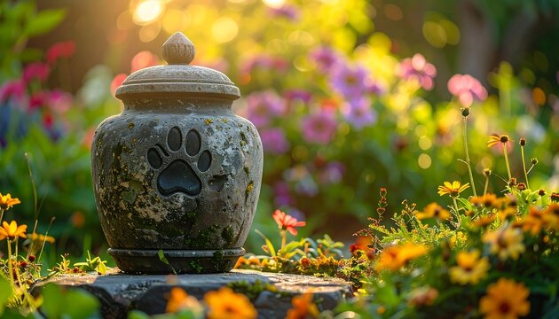 Pet urn in garden, sunlight, flowers