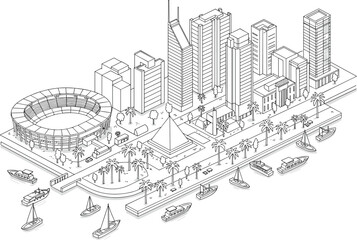 Modern coastal cityscape, isometric urban architecture, tropical waterfront skyline, stadium, boats, palm trees, monument, skyscrapers, pedestrian zone, transport, tourism, infrastructure, 