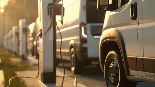 White electric vans are charging on a sunny day. Suitable for articles on green logistics, presentations on eco-friendly transport, and news about the development of infrastructure for electric vehicl