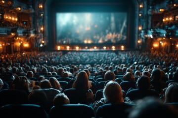 Cozy movie night atmosphere with red seats and screen light. Generative AI