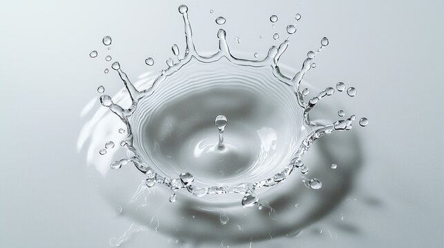 Liquid crown moment water drop impact creating perfect symmetrical splash with crystal clear droplets frozen in dynamic motion against white background