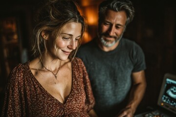 Husband holding wife’s hand during home pregnancy check. Generative AI