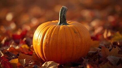 Autumnal Pumpkin Amidst Fallen Leaves: An inviting pumpkin rests gracefully amidst a bed of colorful autumn leaves, capturing the essence of harvest season and seasonal beauty.