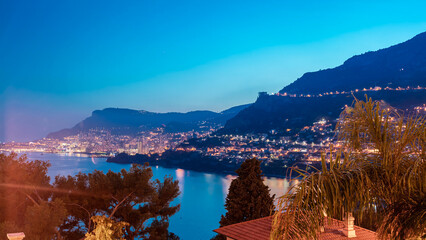 Cityscape of Monte Carlo day to night timelapse, Monaco after summer sunset.
