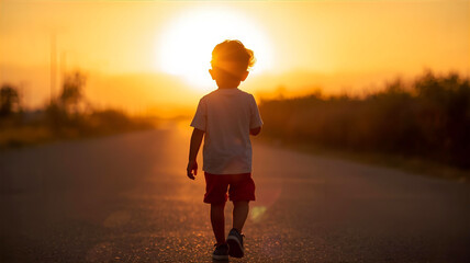 夕焼けに向かって歩く男の子
