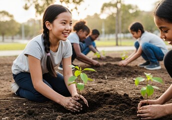 Diverse children planting saplings in a community garden. Young students learning about environmental conservation. Future growth and sustainability concept