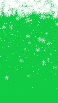 snow flakes top border frame falling green screen animation,winter snow flakes new year and Christmas chroma key isolated vertical social media motion design element	