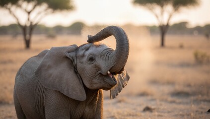 Obraz premium A young baby elephant taking a dust bath in the savanna. African wildlife portrait during a golden hour sunset. World Wildlife Day conservation concept