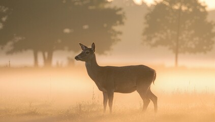 Naklejka premium A single red deer hind stands in a misty meadow during a golden sunrise. Wildlife in its natural habitat. Atmospheric morning fog scene