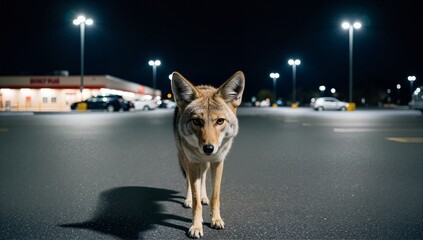 A wild coyote stands in an urban parking lot at night. The animal looks directly at the camera under bright streetlights. Urban wildlife and nature adaptation concept