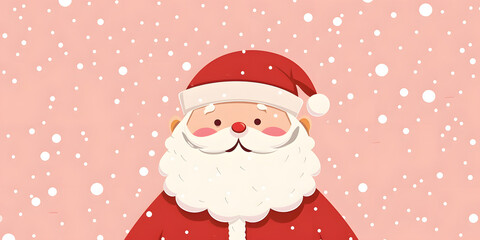Cheerful illustration of a jolly character with a white beard wearing a red hat and coat, set against a pink background with softly falling white dots, creating a festive and whimsical atmosphere