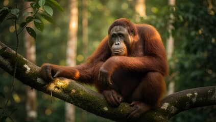 Naklejka premium An endangered orangutan sitting on a tree branch in a lush jungle. Portrait of a great ape in its natural rainforest habitat. Wildlife conservation and World Wildlife Day concept