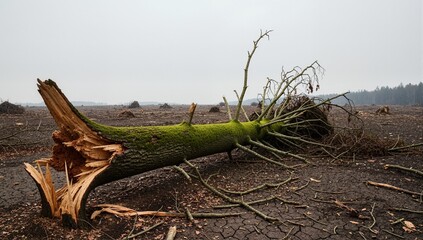 A large fallen tree with a broken trunk in a deforested landscape. Environmental destruction and climate change concept. Moss-covered wood on desolate land