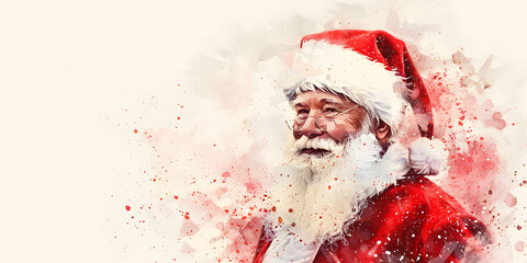 A watercolor portrait captures a jovial figure wearing a red hat and coat, with a fluffy white beard and spectacles.