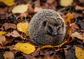 A small hedgehog curled up in a ball on a bed of autumn leaves. Close-up of a wild animal in a forest during the fall season. Wildlife conservation concept