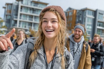 Student family visiting modern campus, inclusion concept. Generative AI