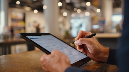 Medium shot of a customer filling out a feedback form on a tablet the device in crisp detail while the surrounding workspace appears softly out of focus.