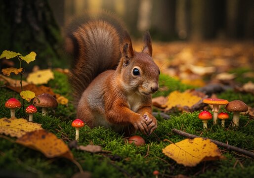 Close-up of a red squirrel in an autumn forest. Wild animal foraging on green moss among fly agaric mushrooms