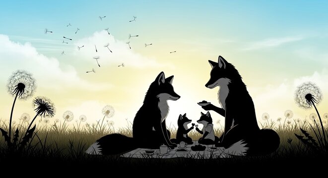 Fox Family Silhouette: A heartwarming silhouette of a fox family gathers in a field. This illustrative piece captures the essence of familial warmth and the tranquility of nature. - Powered by Adobe