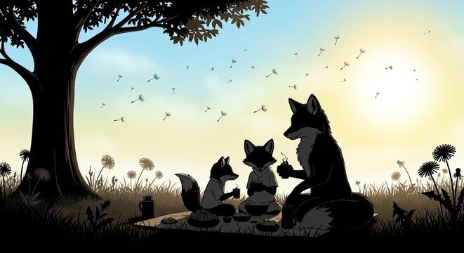 A Fox Family's Picnic: A heartwarming illustration shows a fox family enjoying a picnic under a sprawling tree on a sunny day, surrounded by fluffy dandelions carried by the wind.